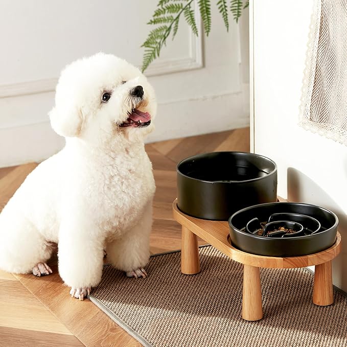 Ceramic Slow Feeder and Water Bowl Set for Medium and Large Dogs, Ceramic Dog Bowls Elevated with Wooden Stand, 2.0 Cups Dog Slow Feeder(30oz) and 70oz Water Bowl Set, Black