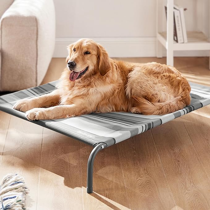 Bedsure Outdoor Elevated Dog Bed Large Sized Dog, Portable Indoor & Outdoor Cooling Raised Cot Pet Hammock Bed with Skid-Resistant Feet, Frame with Breathable Mesh, Striped Grey, 49 inches