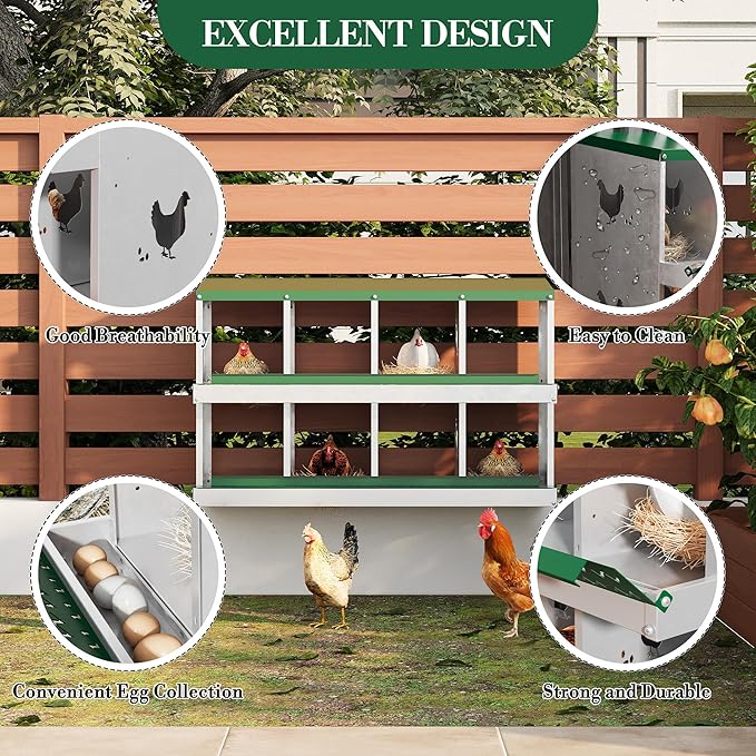 8 Hole Chicken Nesting Box with Roll Out Egg Tray, Rustproof & Ventilated Chicken Laying Boxes for Hens, Chickens, Ducks | Easy-Clean Poultry Coop Accessories