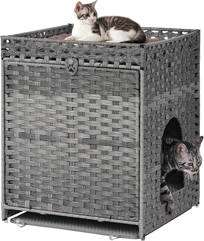 Cat Litter Box Enclosure with Soft Litter Mat; Hidden Kitten Washroom Furniture with Door; Handwoven Rattan Cat House; Pet Crate for Living Room, Bedroom, Balcony (Grey)