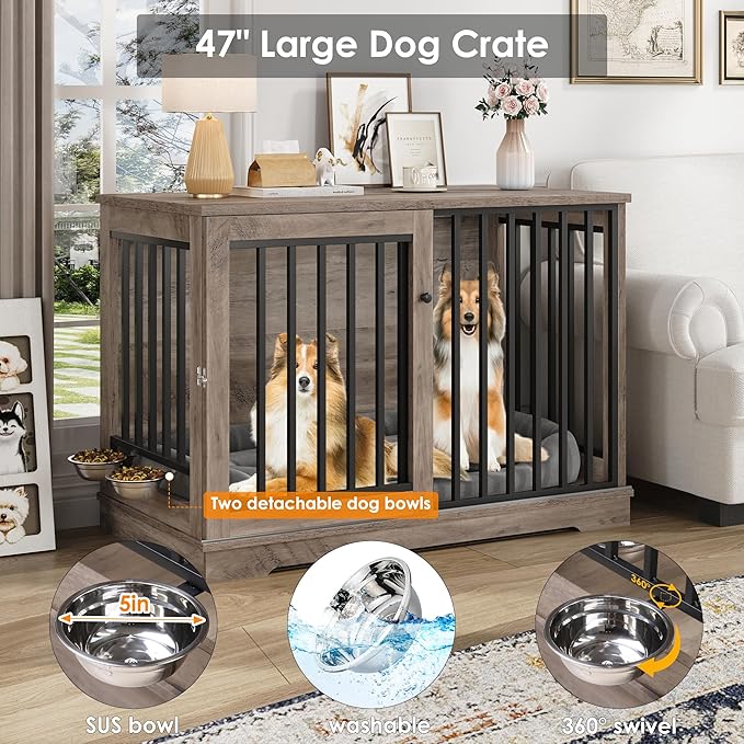 Dog Crate Furniture 47” Large Dog Kennel for Dogs Indoor, Heavy Duty Dog Cage with Sliding Door and 2 SUS Bowls Wooden End Table in Living Room for Small Medium Large Dogs, Rustic