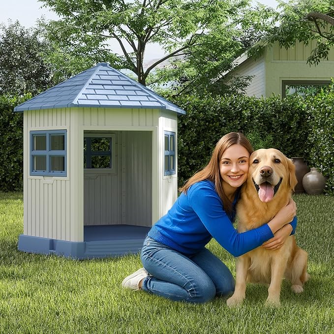 DRATO Dog House Indoor Outdoor Durable Large Dog Shelter with Outside Dog Kennel with Window and Elevated Floor for Small Medium Dogs (Blue, 34.8 * 30.51 * 36.89)