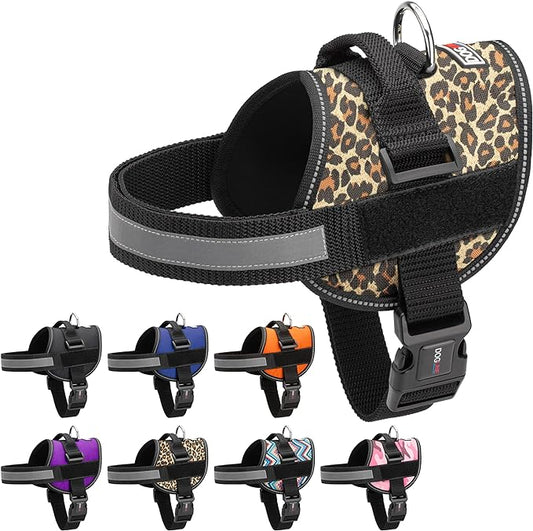 Dogline Dog Harness, Reflective No-Pull Adjustable Vest with Handle for Walking, Training, Breathable, No - Choke Harness for Small, Medium or Large Dogs Room for Patches Leopard Brown L 27"-34"