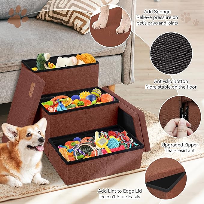 Dog Stairs with Storage 18" H, 3-Step Wider Dog Steps for Small/Medium/Large Old Dogs Cats, Folding Sturdy Pet Stairs Climbing Bed Couch, Ramp for Car Hold Up to 200 lbs (Brown, No Condo)