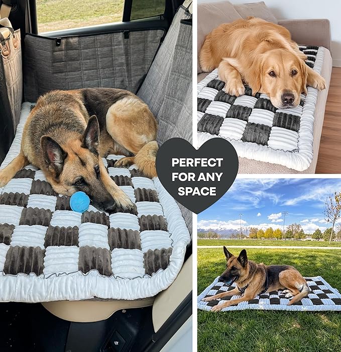 APetsPlanet Dog Bed for Car Back Seat Extender - Non-Slip Backseat Cushion for Dogs - Travel Plush Pet Mat Topper for Cars, Trucks, SUVs - Machine Washable Pad Blanket - Black Plaid, 54" x 24.8"