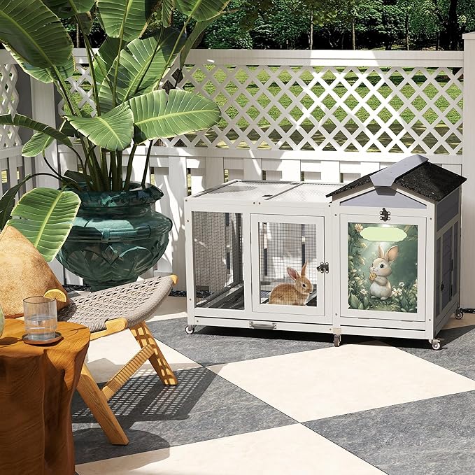 COZIWOW 39inches Assembled Wood Rabbit Hutch Indoor，Wide Space Small Animal Houses with Removable Tray&Safety Lock，Bunny Cage with Waterproof Roof&Solar Panels (Grey with Pattern)