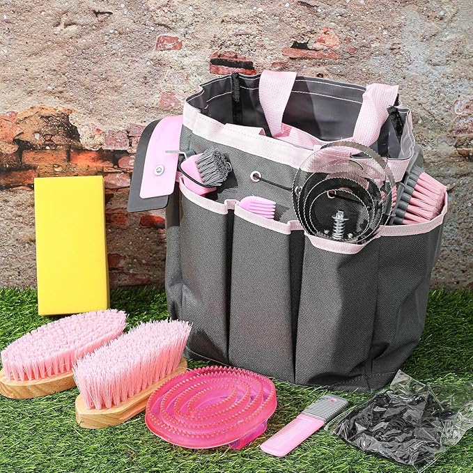 Abbylike 12 Pieces Horse Grooming Kit with Organizer Tote Bag Tack Room Supplies Horse Brush Sets Equine Care Cleaning Kit Shedding Grooming Massaging Tools(Pink and Grey)