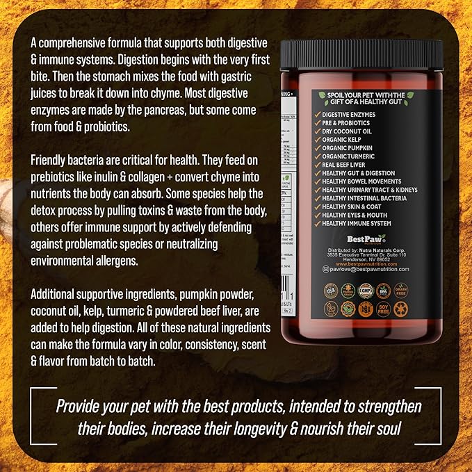 Dog & Cat Premium Probiotic Prebiotic & Digestive Enzymes 5 Billion CFU Organic Turmeric Coconut Oil Pure Pumpkin & Kelp for Healthy Bowels Gut & UTIs Beef Liver Flavor