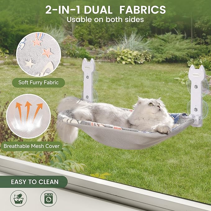 Cat Window Perch, Glow in The Dark Foldable Cat Hammock with Sunken Design & Removable Soft Cover, Breathable Cordless Window Bed for Resting Indoor Kitten (Shallow Perch, 1 Pack - M)