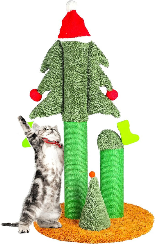 32” Cat Scratching Post, Tall Christmas Tree Cat Scratcher with 3 Posts and Cute Dangling Teaser Balls, Natural Sisal Rope Cat Toys for Kitty and Adult Cats