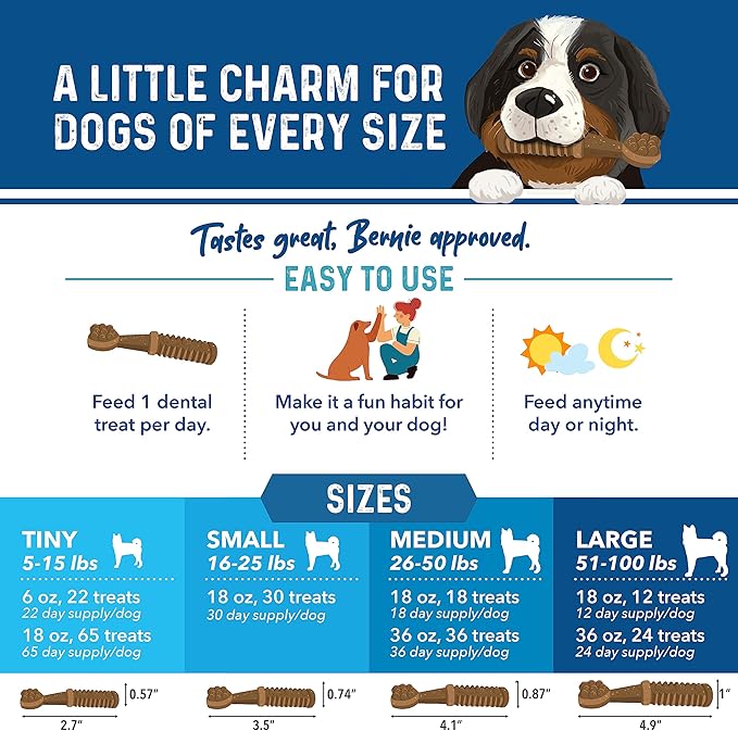 Bernie's Charming Chompers - Daily Dental Chews for Dogs 26-50 Lbs. - 18 Count - Cleans Teeth, Freshens Breath, + Boosts Oral-Gut Microbiome. Easy to Digest, Supports Healthy Digestion Naturally