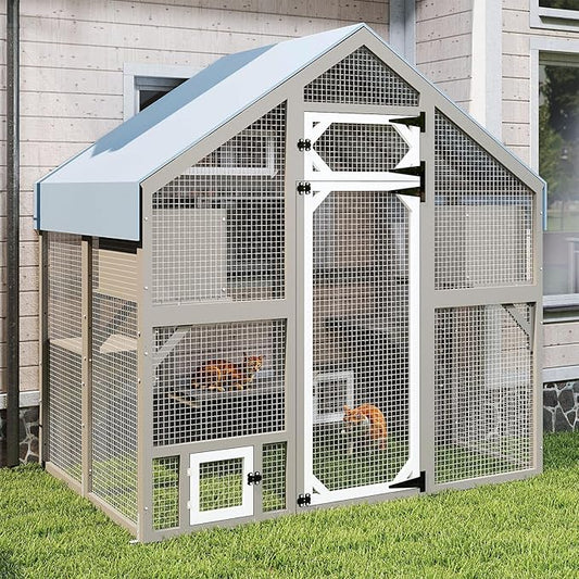 Cat Catio Outdoor Enclosure for Multiple Cats, Large Wooden Walk-in Cat House with Window Connection, 2 Condos, Platforms, Doors, and Weatherproof Roof Cover (69.5" L x 47" W x 71" H)