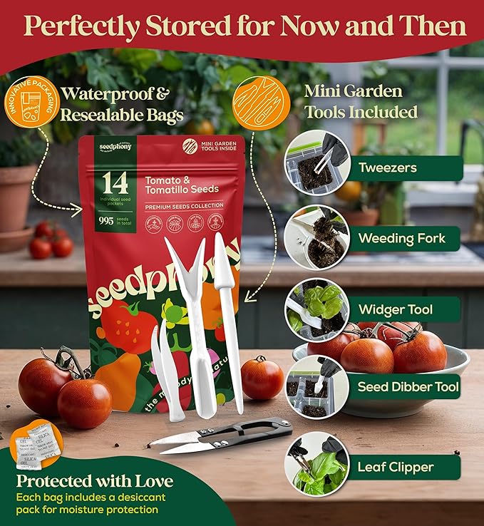 14 Tomatillo & Tomato Seeds for Planting Variety Pack - 990+ Non-GMO Heirloom Vegetable Seeds for Growing Tomato Indoor & Outdoor: Cape Gooseberry, Cherry, Flame, Roma, Beefsteak Tomatoes