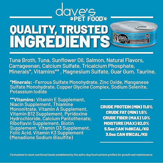 Dave's Pet Food Grain Free Wet Cat Food (Tuna & Salmon Dinner in Aspic), Naturally Healthy Canned, Added Vitamins & Minerals, 5.5 oz Cans (24 Pack