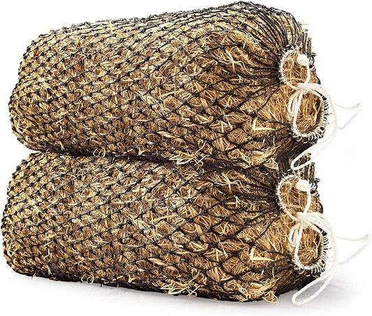 Bloomoak Slow Hay Net Feeder for Horses, Durable Soft Black PE 2/3 String Hay Bales Bags, Fit 36x18x18 to 47x25x17 Inches, Extends 50-64 Inches (2 1.6" Hole/2PC)