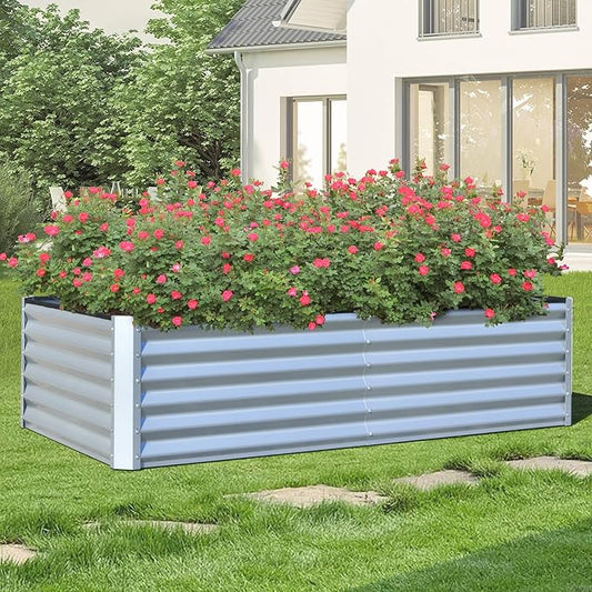 Domi Raised Garden Beds Outdoor, 6x3x1.5Ft Thickening Tall Metal Rectangular Deep Root Box Planter for Vegetables, Flowers, Herbs, and Succulents 1.5" Deep w/ 192 Gallon Capacity - Silvery
