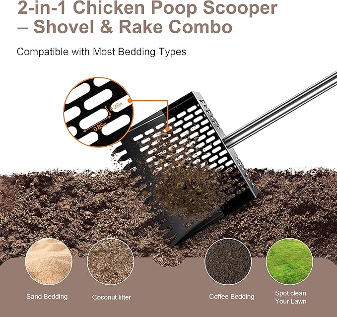 Chicken Poop Scooper - Metal Sifting Shovel & Rake 2-in-1 with Adjustable Stainless Steel Handle (37"-65"), Sand Shovel for Chicken Coops, Farm Animal Waste