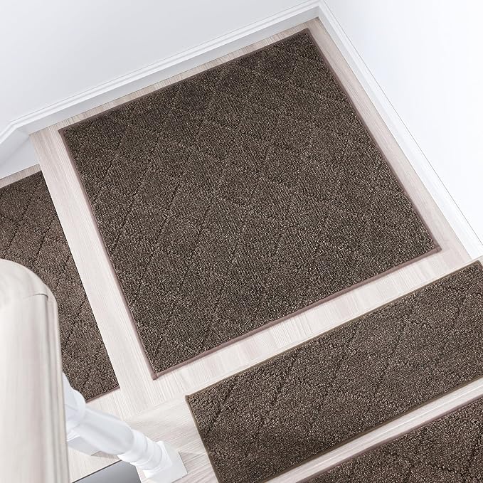 COSY HOMEER Edging Stair Treads Non-Slip Corner Indoor Stair Runners for Wooden Steps,Landing Slip Resistant Stair Rugs Mat for Kids and Dogs,100% Polyester TPE Backing,Brown,30x30 inch