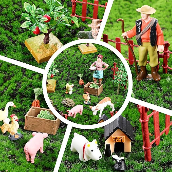 27 Pcs Farm Toys Set, 3 Little Farmer Figurines 9 Plastic Animals Figurines 10 Feed Food Fence Playset 4 Model Trees 1 Moss Mat Animal Farm Toys for Educational School Project Gift
