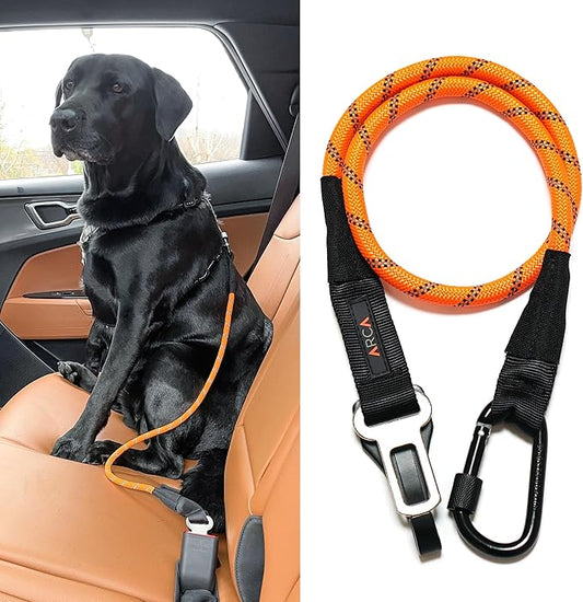 Dog Seat Belt for Car | Universal Dog Car Seatbelt | Durable Reflective Rope with Clip Hook Latch, Buckle and Carabiner- Safe and Secure Pet Safety Restraint (Orange)