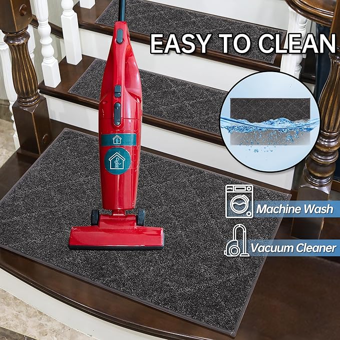 COSY HOMEER Edging Stair Treads Non-Slip Corner Indoor Stair Runners for Wooden Steps,Landing Slip Resistant Stair Rugs for Kids and Dogs, 100% Polyester TPE Backing,Black,20"X32"