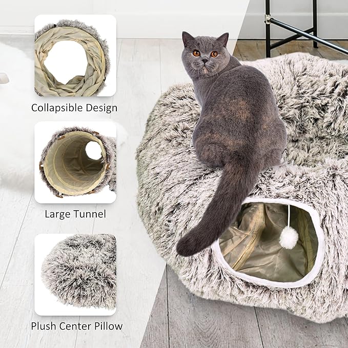 Cat Donut Bed with Washable Cushion – Cat Caves for Indoor Cats – Collapsible Donut Bed with Peekaboo Pet Tunnel Toy – Cozy Hideout for Kittens, Ferrets, Rabbits & Dogs - Brown