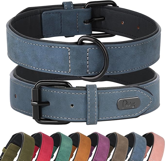 Didog Soft Padded PU Leather Dog Collar, Breathable and Adjustable Dog Collars for Medium Dogs, Comfortable for Daily Walk, Blue, L Fit Neck 13-17"(22-44 lbs)