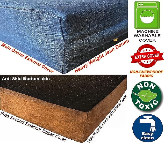 Dogbed4less Luxury Extra Large Orthopedic Memory Foam Dog Bed for Large Dogs with Durable Waterproof Internal Case, Removable Washable Denim Cover and Extra Bonus Pet Bed Cover, XL 40X35X4, Blue