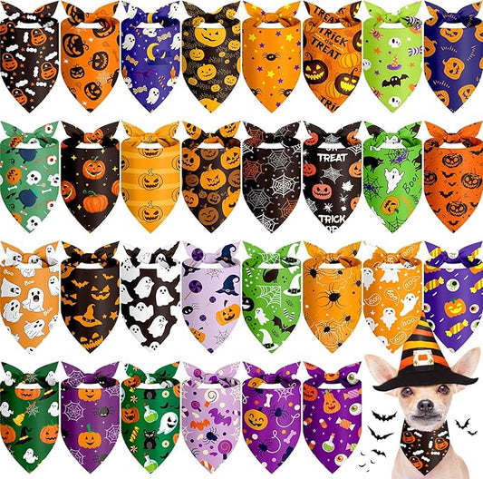 Chunful 30 Pieces Halloween Dog Bandanas Triangle Bandanas for Dogs with Pumpkin Ghost Patterns Soft Bibs Adjustable Doggie Scarf for Small Medium Large Pets Halloween Costume 25.6 x 17.7 x 17.7 in