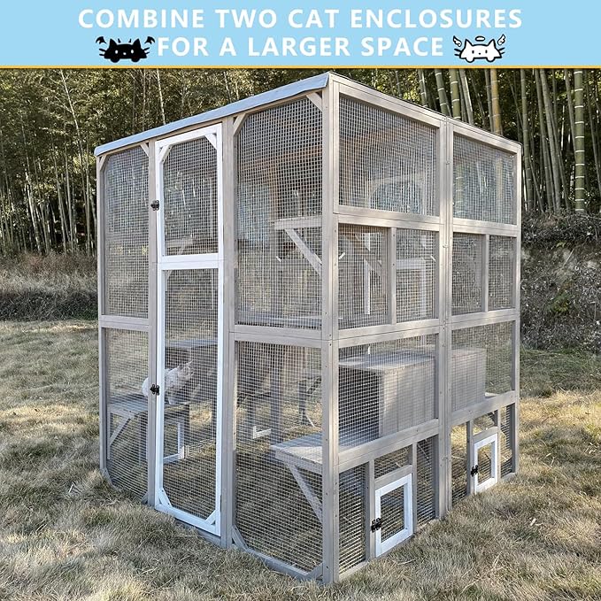 Catio Outdoor Cat Enclosure Large Window Cat House Walk in Kitty Cage with Multi-Level Platforms, Waterproof Roof for Mulitiple Cats (59" L x 29.5" W x 67.7" H)