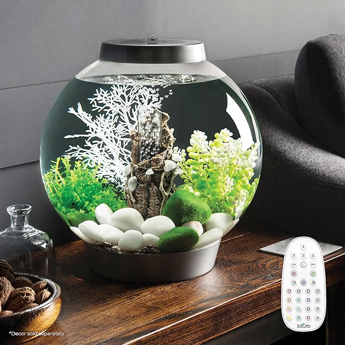 biOrb Classic 15 Acrylic 4-Gallon Aquarium with Multi-Color Remote-Controlled LED Lights Modern Compact Tank for Tabletop or Desktop Display, Silver