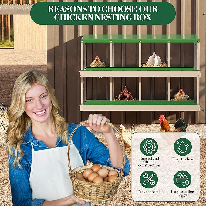 8 Hole Chicken Nesting Box with Roll Out Egg Tray, Rustproof & Ventilated Chicken Laying Boxes for Hens, Chickens, Ducks | Easy-Clean Poultry Coop Accessories