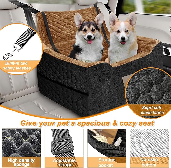 Dog Car Seat for Small/Medium Dogs, Memory Foam Dog Booster Seat, Travel Safety Per Car Seat with Washable Removable Cover, Storage Pockets for Dogs up to 35 lbs(BlackBrown)