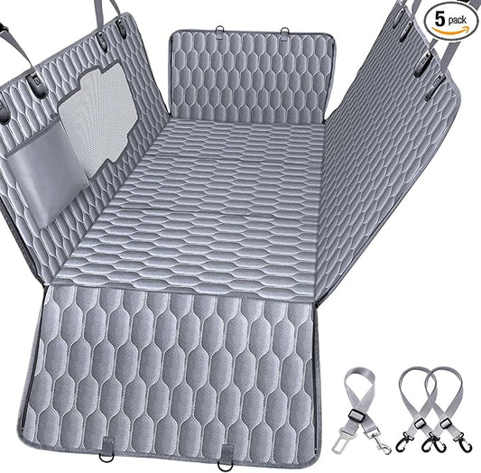 Back Seat Extender for Dogs-Supports 400lb,Waterproof Dog Car Seat Cover Hard Bottom-Detachable,600D Heavy Duty Scratch Proof Nonslip Soft,Dog Hammock for Car,SUVs-Grey