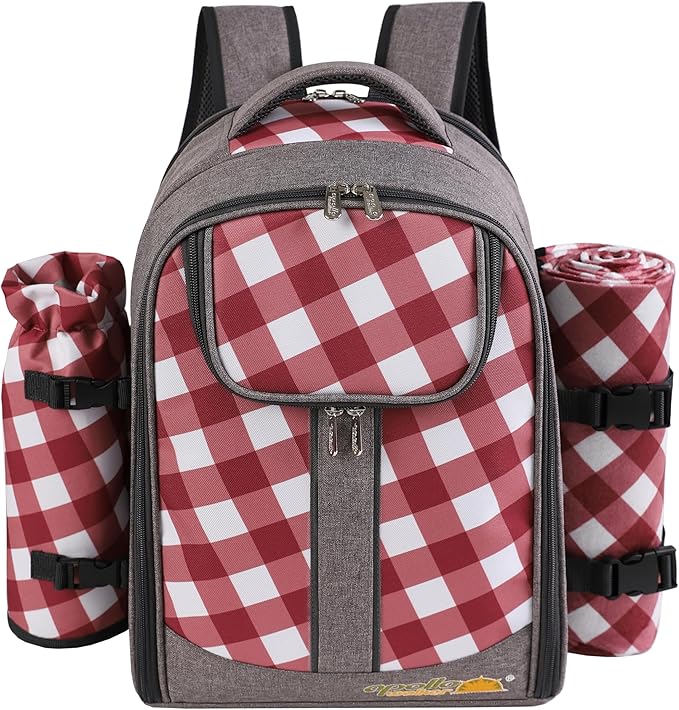 apollo walker Picnic Backpack Bag with Cooler Compartment, Detachable Bottle/Wine Holder, Fleece Blanket, Plates and Cutlery Set (2 Person, Gray)