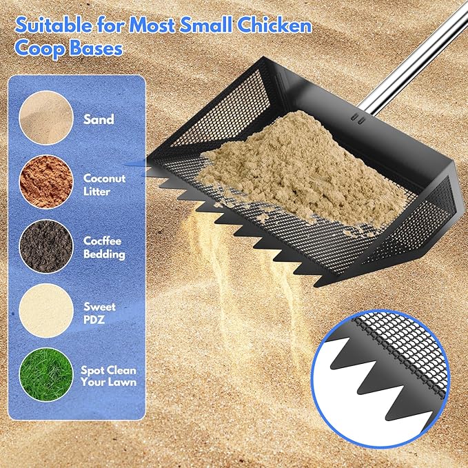 Chicken Poop Scooper & Rake 2-in-1, 304 Stainless Steel Shovel Head, Chicken Litter Scoop with Handle for Chicken Coop & Pet Waste Cleaning, Litter Sifting Shovel (35 to 65") US Patent Pending (Black)