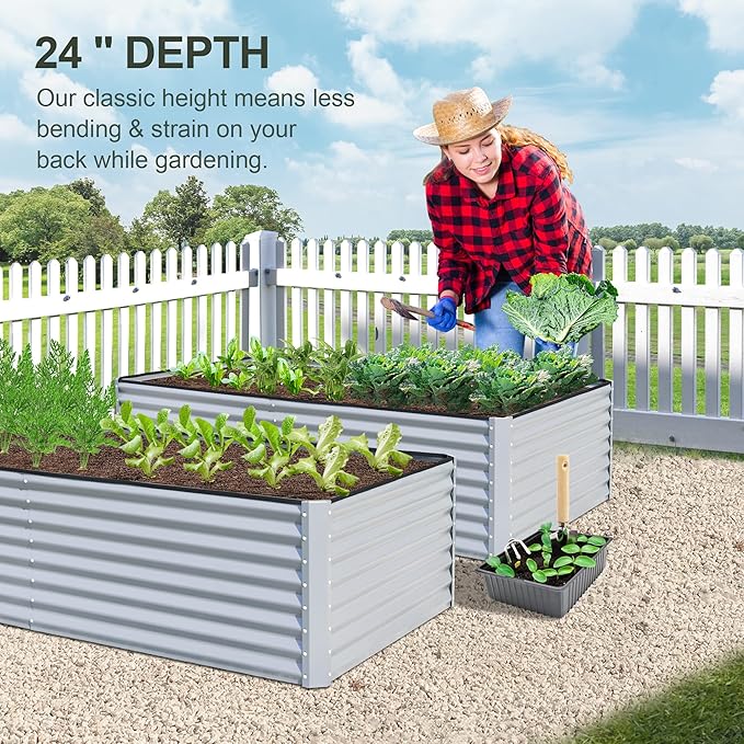 Domi Raised Garden Beds Outdoor, 8x4x2ft Thickening Tall Metal Rectangular Deep Root Box Planter for Vegetables, Flowers, Herbs, and Succulents 2" Deep w/ 456 Gallon Capacity - Silvery