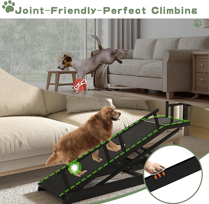 6 Level Height Adjustable Dog Ramp for Bed, Couch 65" Foldable Pet Ramp with Non-Slip Mat，DIY Glow Strips & Rest Platform Heavy Duty Dog Stairs for Large Dogs up to 200Lbs ，Black