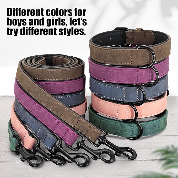 Didog Soft Padded Leather Dog Collar and Leash Set, Heavy Duty Dog Leash and Collar Set with Metal Buckle, Breathable Dog Collars with 4FT Leather Dog Leash for Small Medium Large Dogs, Purple, XL