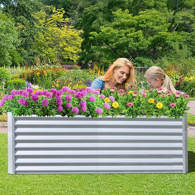 Domi Raised Garden Beds Outdoor, 6x3x2ft Thickening Tall Metal Rectangular Deep Root Box Planter for Vegetables, Flowers, Herbs, and Succulents 2" Deep w/ 256 Gallon Capacity - Silvery