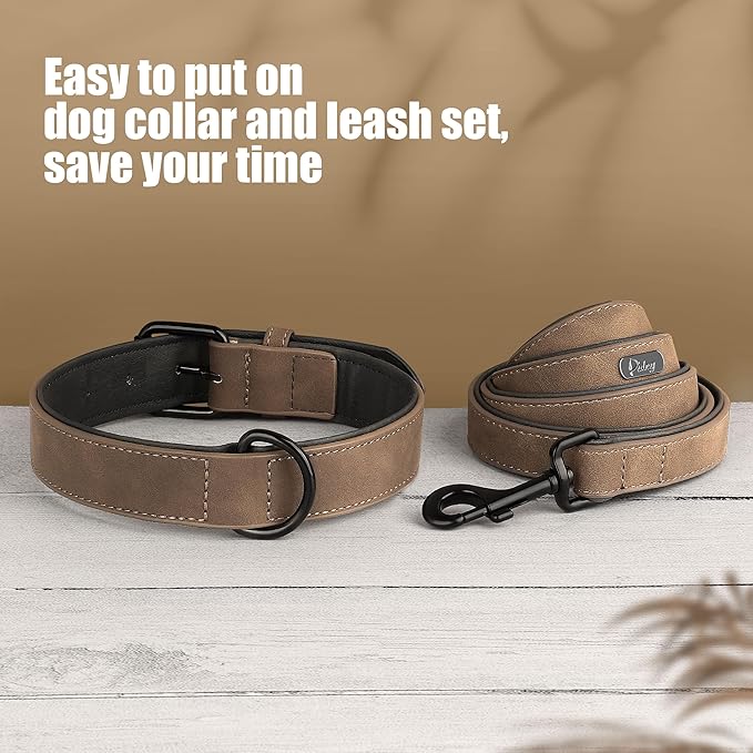 Didog Soft Padded Leather Dog Collar and Leash Set, Adjustable Dog Leash and Collar Set with Metal Buckle, Breathable Dog Collars with 4FT Leather Dog Leash for Small Medium Large Dogs, Brown, L