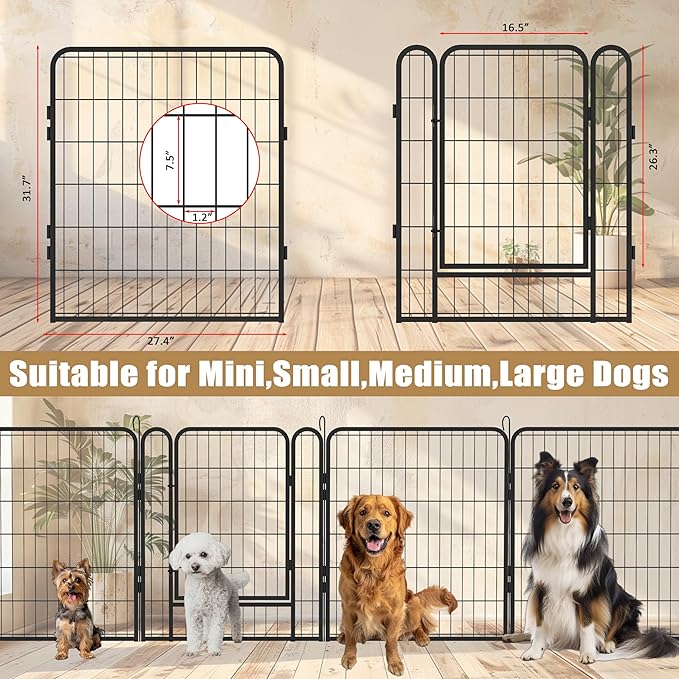 Dog Playpen, Outdoor Dog Fence, 16 Panels, 32" H Dog Pen for Medium/Small Dogs, Heavy Duty Metal Pet Fence with Gate, Portable Dog Fence for RV Camping and Yard (Black)