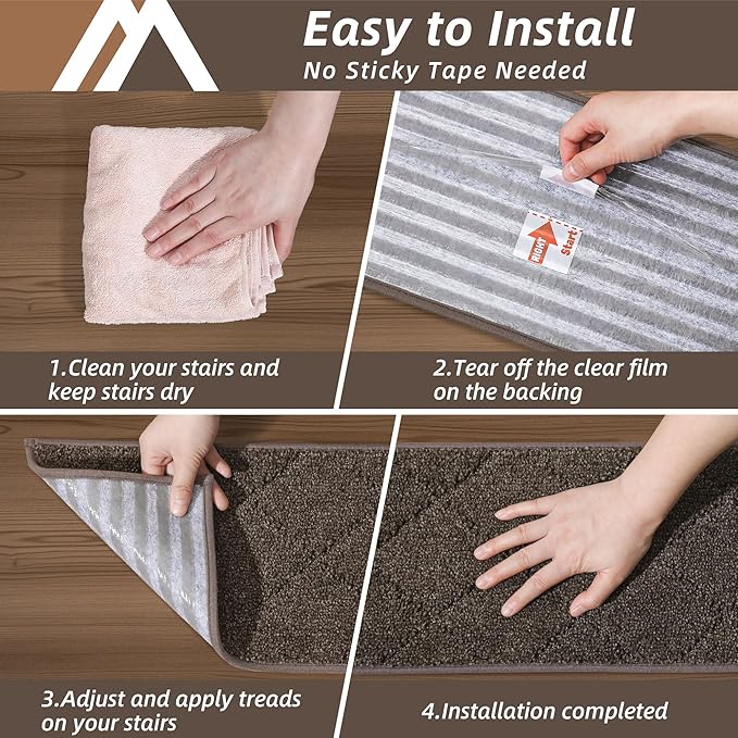 COSY HOMEER Edging Stair Treads Non-Slip Carpet Mat 28inX9in Indoor Stair Runners for Wooden Steps, Edging Stair Rugs for Kids and Dogs, 100% Polyester TPE Backing (7pc, Brown)