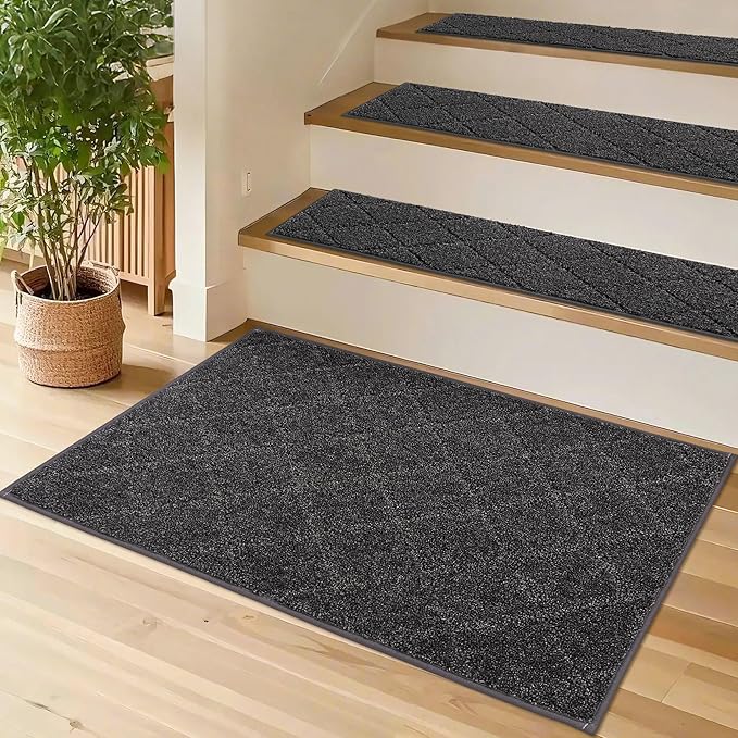 COSY HOMEER Edging Stair Treads Non-Slip Corner Indoor Stair Runners for Wooden Steps,Landing Slip Resistant Stair Rugs for Kids and Dogs, 100% Polyester TPE Backing,Black,20"X32"
