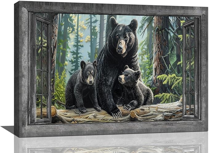 Black Bear Wall Art Forest Window Canvas Cabin Living Room Pictures Prints Animal Wall Decor Painting Artwork for Bedroom Dining Office Home 24"x16"