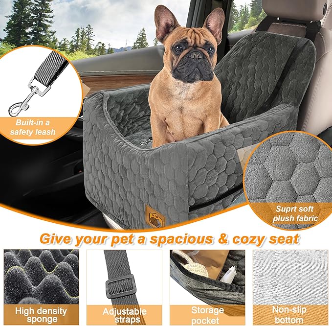 Dog Car Seat for Small/Medium Dogs, Memory Foam Dog Booster Seat, Travel Safety Per Car Seat with Washable Removable Cover, Storage Pockets for Dogs up to 35 lbs(Gray)