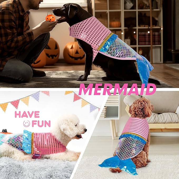 cyeollo Mermaid Dog Costume Halloween Clothes for Doggie Sequin Mermaid Small Dog Party Outfit Funny Pet Costumes for Small Dogs Size S