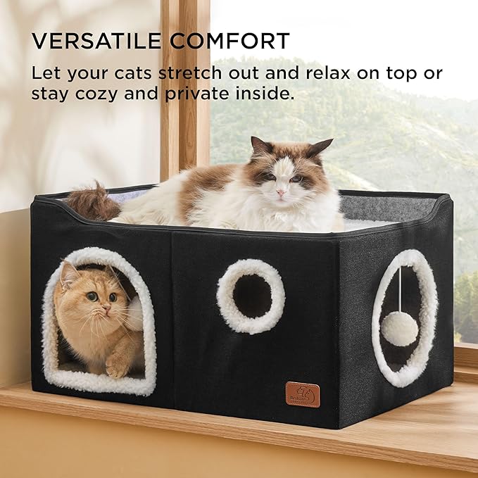 Bedsure Large Cat Beds for Indoor Cats - Extra Wide Cat Cube House for Small Pet with Fluffy Ball Hanging and Scratch Pad, Foldable Pet Cave Hideaway for Multiple Cats, 23.6x16.9x13 inches, Black