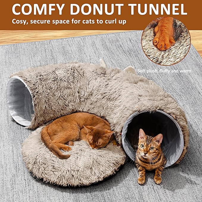 Cat Tunnel with Cat Bed for Indoor Cats, Soft Plush Peekaboo Cat Cave Donut Tunnel, Multifunctional Playground Toys Hideplace for Small Medium Large Kittens, Rabbit, Ferret, Brown