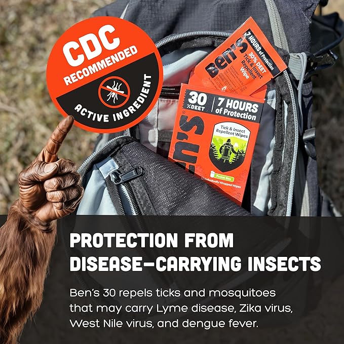 Ben's Tick & Insect Repellent Wipes - 30% DEET for Mosquitoes, Ticks & More - Up to 7 Hours of Protection - Alcohol- & Fragrance-Free - 12 Wipes (4 Pack)